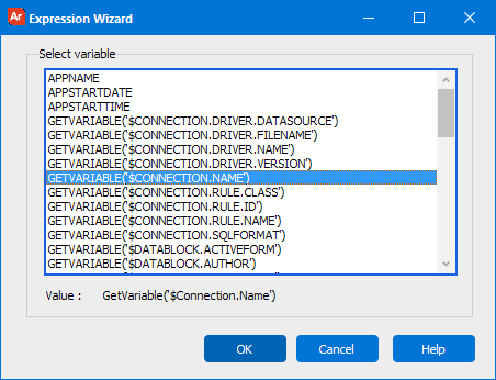 This image shows the Expression Wizard dialog when variables are selected.  A list of all variables is displayed in this dialog box.